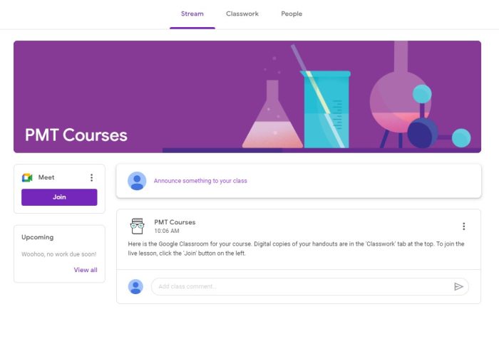 A screenshot of a PMT Courses Google Classroom.