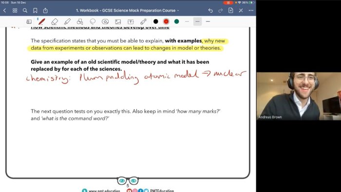 A screenshot of a live online PMT Revision Course hosted by a PMT tutor. The tutor is writing answers to questions in a workbook.