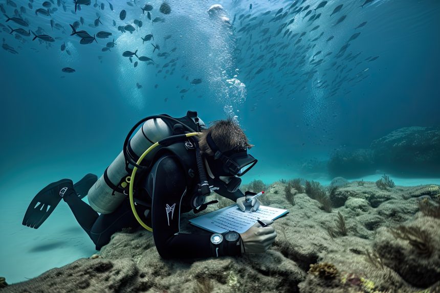 A marine biologist conducting research on the ocean floor, surrounded by schools of fish.