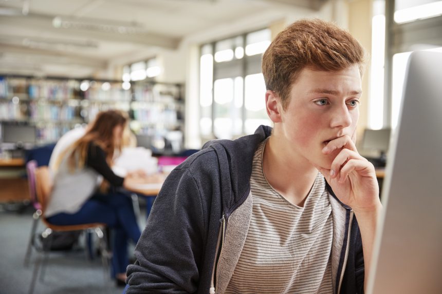 A male student researching his post-14 options on the computer.