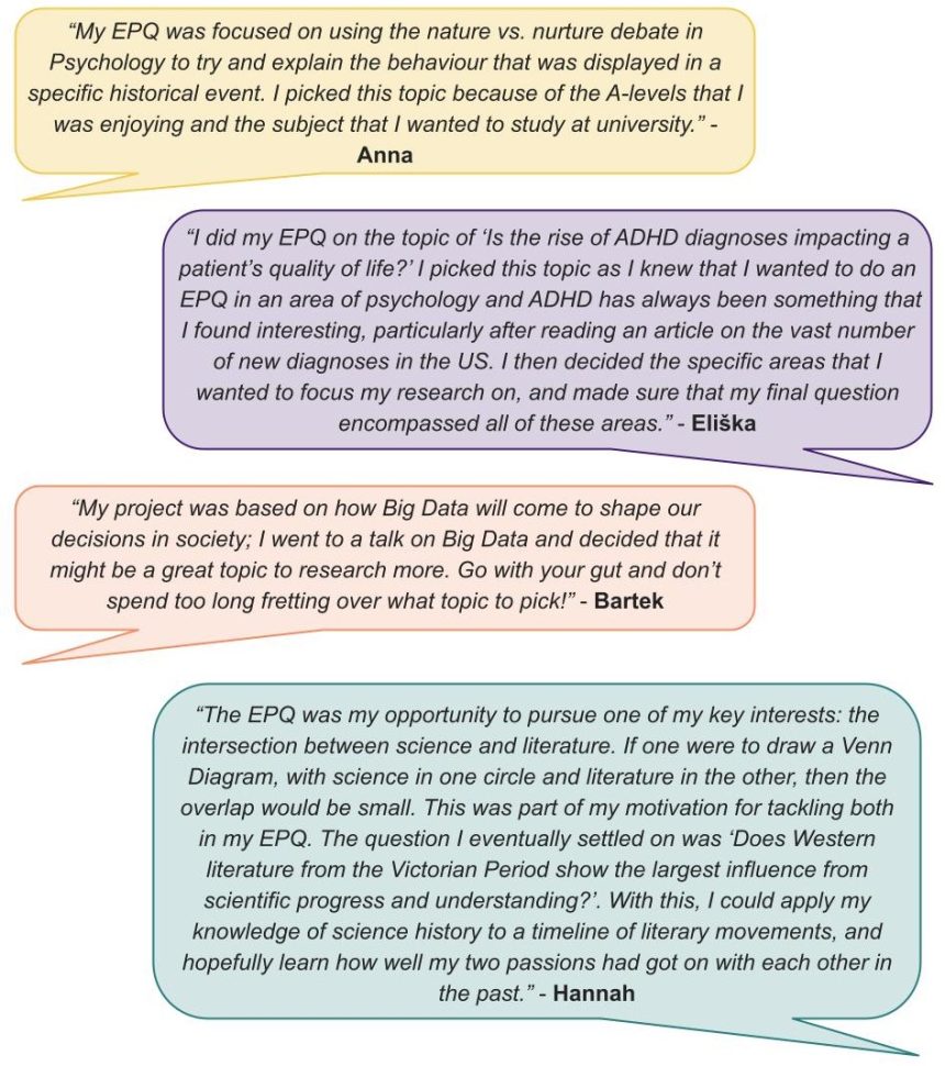 Student answers to the question 'What topic did you choose for your EPQ and why?'