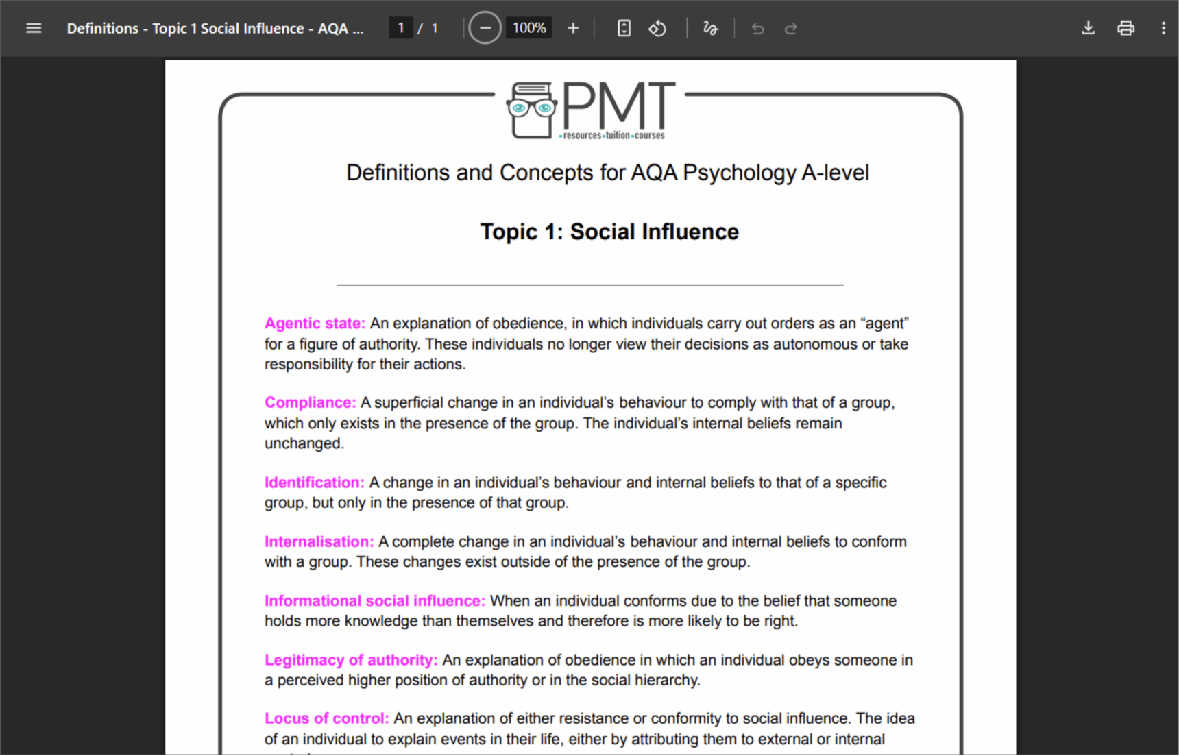 A screenshot showing an A Level Pyschology Definitions sheet for the Social Influence topic, taken from the Physics and Maths Tutor website.