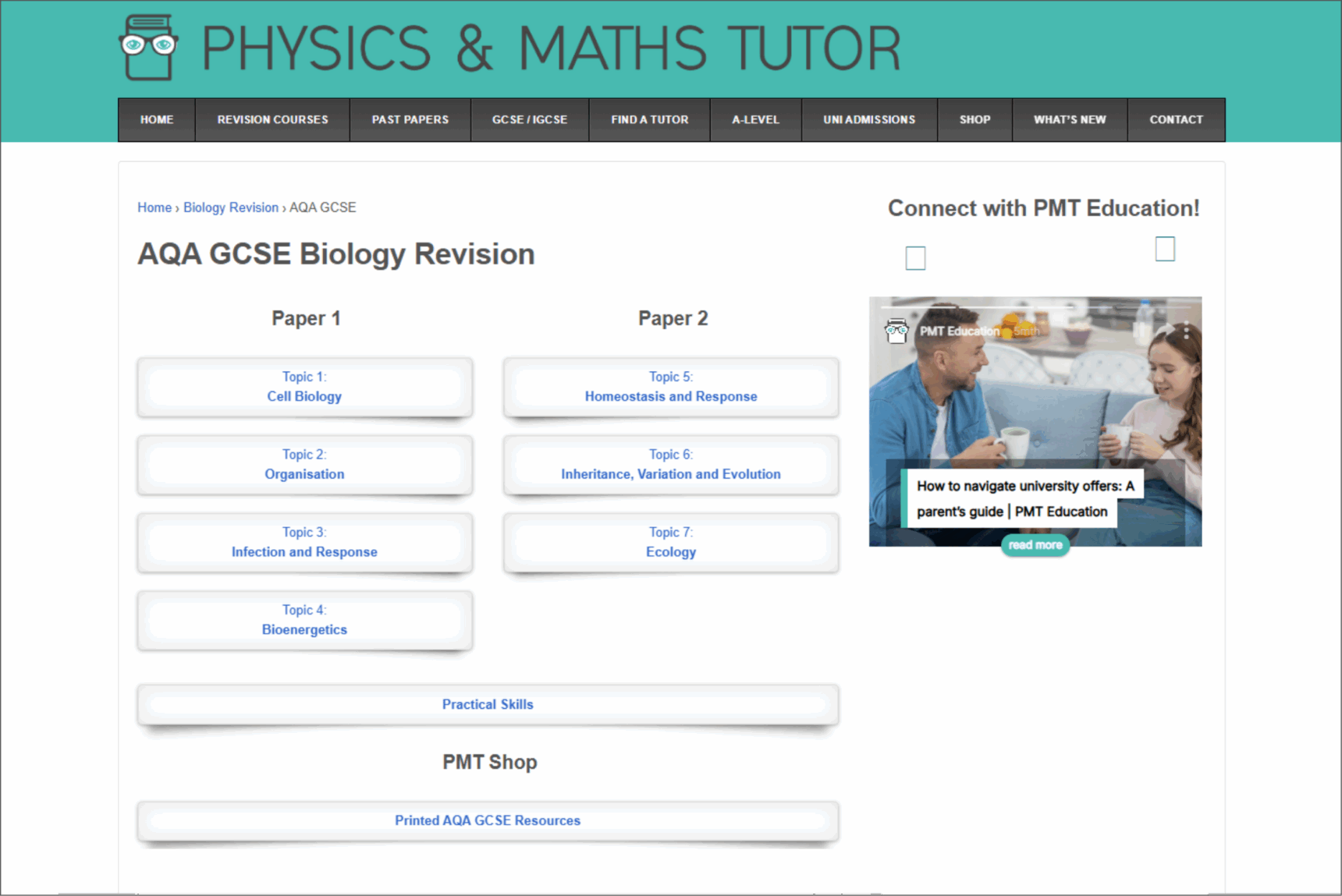 A screenshot of the AQA GCSE Biology page on the Physics and Maths Tutor website showing a list of the topics underneath Paper 1 and Paper 2.