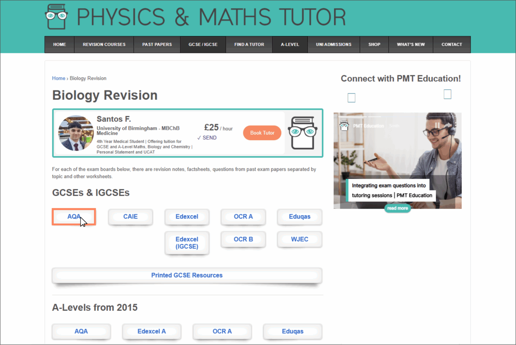 A picture of the biology revision page on the Physics and Maths Tutor website with the AQA exam board link highlighted.