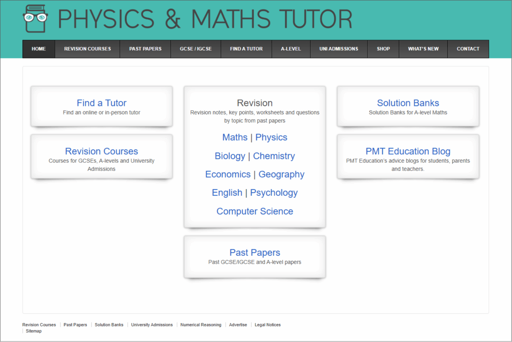 A screenshot showing the Physics and Maths Tutor homepage.