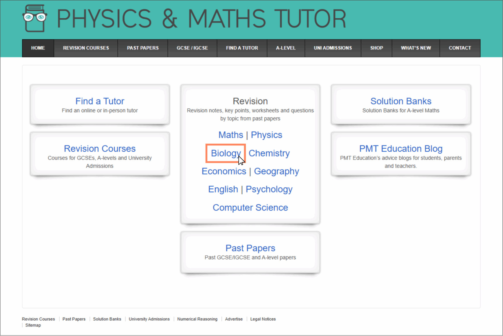 A picture of the homepage on the Physics and Maths Tutor website with the link to the biology revision resources highlighted.