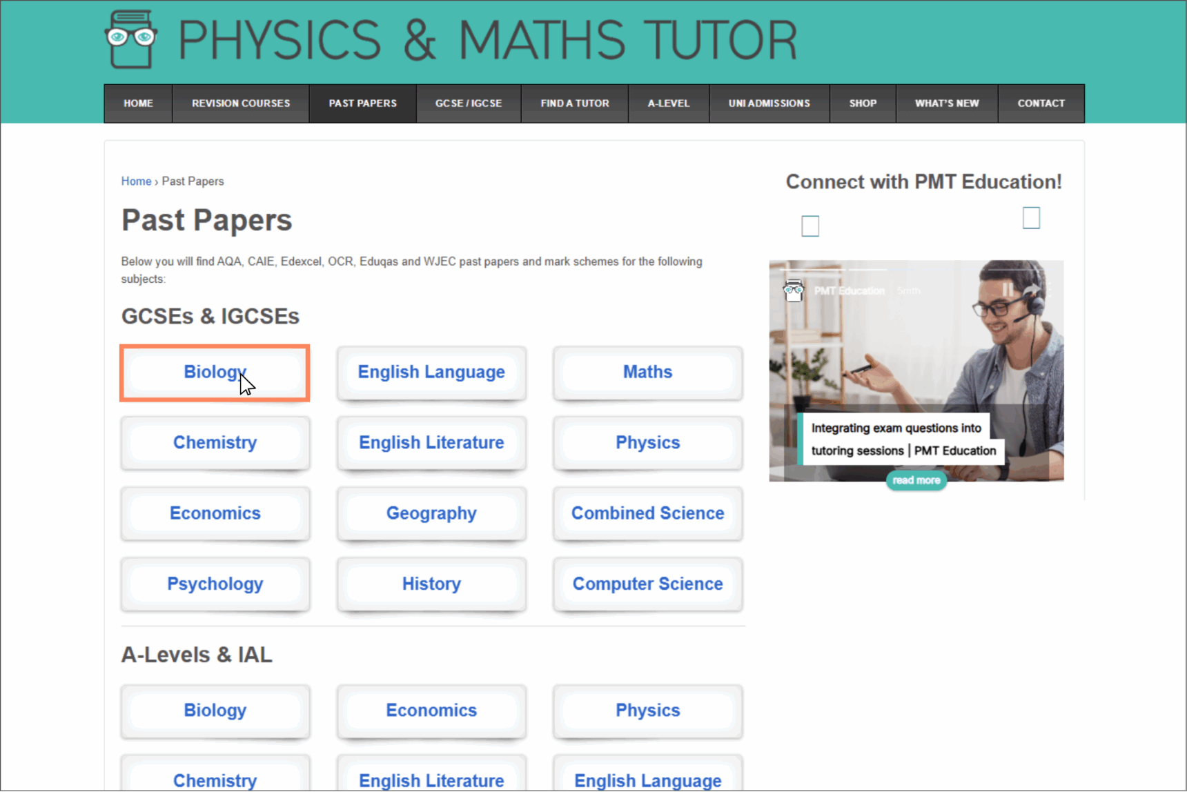 A screenshot showing the past paper page on the Physics and Maths Tutor website.