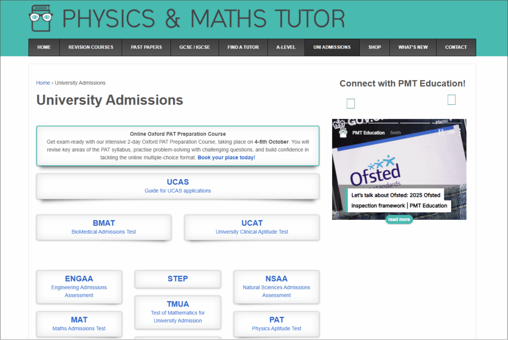 A screenshot of the University Admissions page on the Physics and Maths Tutor website, listing the admissions tests that there are revision resources for.