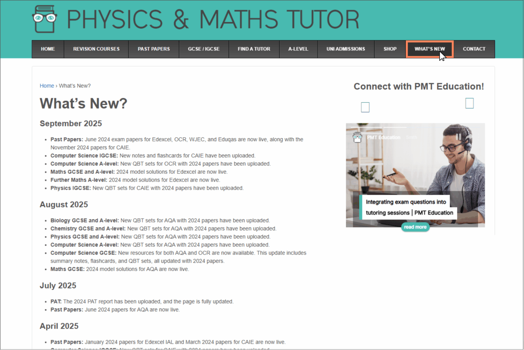 A screenshot of the "What's New" page on the Physics and Maths Tutor website, showing the latest resource additions and updates.